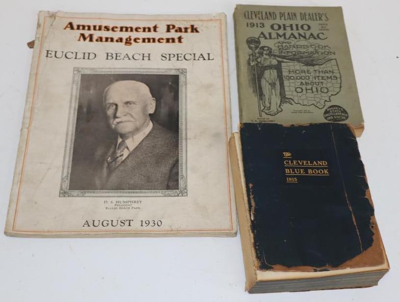 Group of 3 1913, 1915, & 1930 Ohio Almanac, Blue Book, and Euclid Beach Magazine: largest 12" x 9", 1915 Blue Book cover is loose