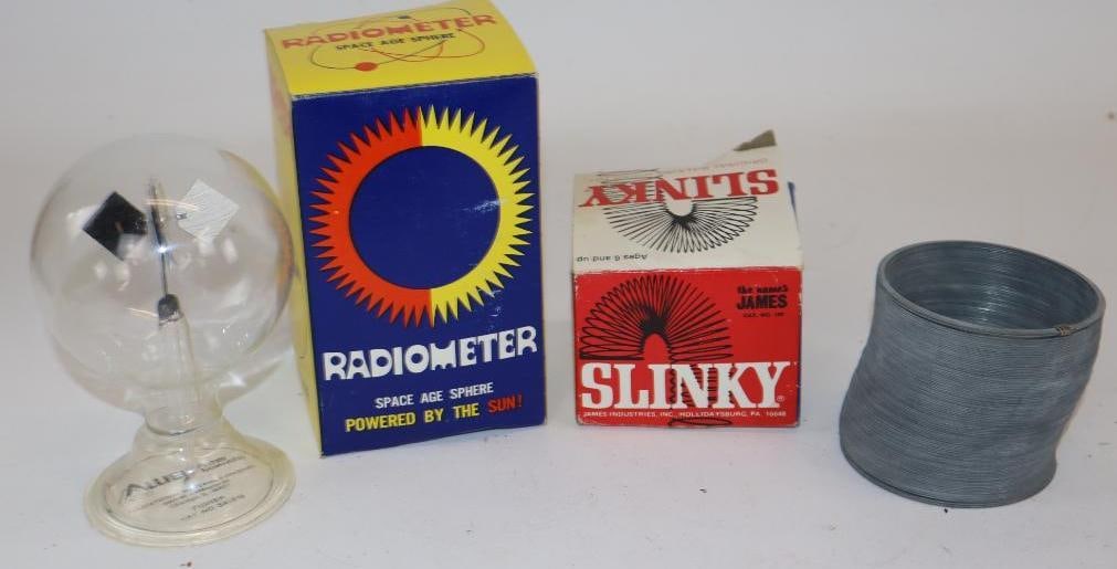 Group of 2 Slinky and Radiometer Spear Toys in Original Boxes: largest 3" x 3" x 5"