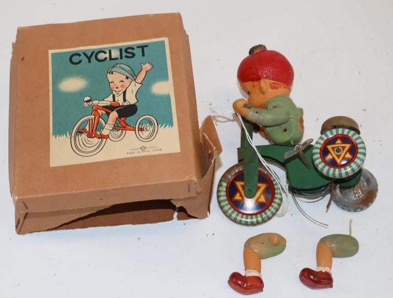 Wind Up Tin Litho Cyclist Boy on Tricycle in Original Box (1 of 6)