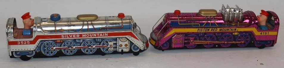 Group of 2 Silver Mountain Battery Operated Locomotive Toys: 15.5" x 3" x 5" each, untested