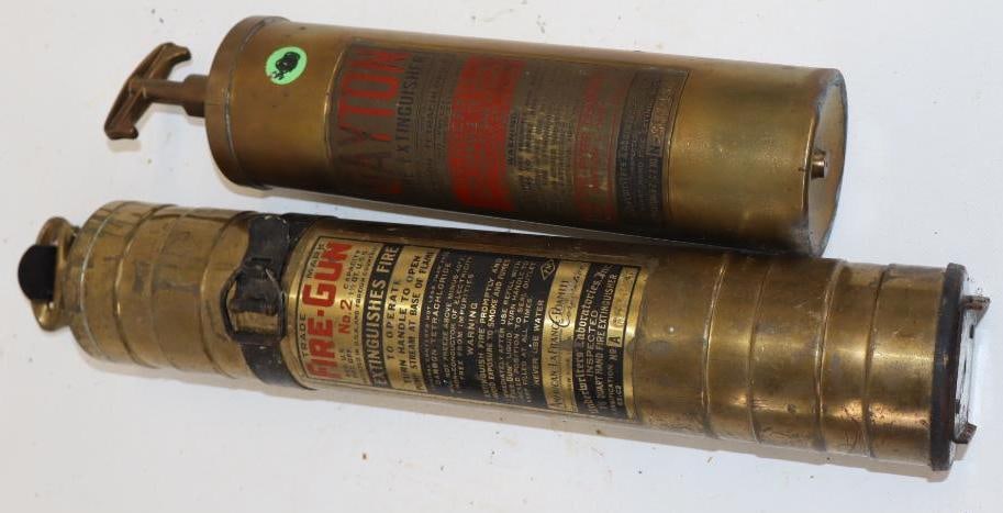 Group of 2 Dayton and Fire-Gun Brass Hand Fire Extinguishers: largest 3" x 3" x 18"