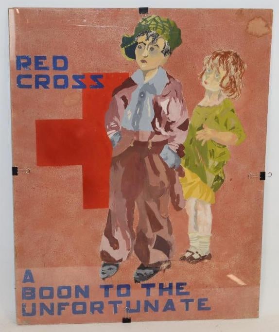 Red Cross A Boone to The Unfortunate Hand Painted Cardboard Sign: 28" x 22", age unknown
