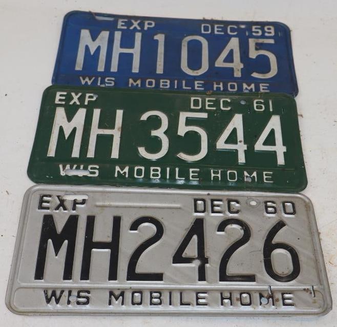 Group of 3 - 1950's & 60's Wisconsin Mobile Home Embossed License Plates (1 of 2)
