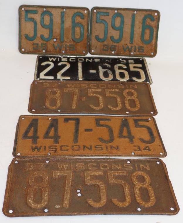 Group of 6 - 1935 through 1937 Wisconsin Embossed License Plates (1 of 5)
