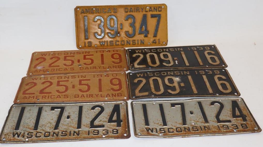 Group of 7 - 1938 through 1941 Wisconsin Embossed License Plates (1 of 7)