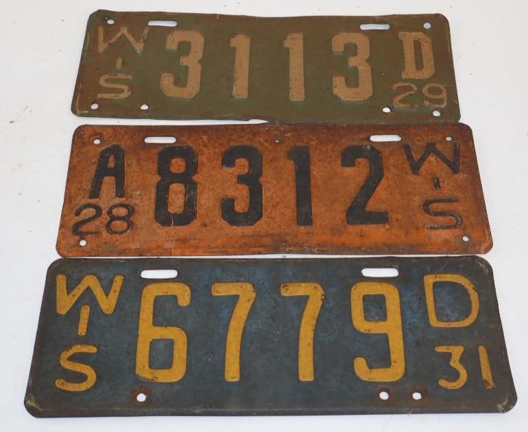 Group of 3 - 1928, 1929, and 1931 Embossed Wisconsin License Plates (1 of 2)