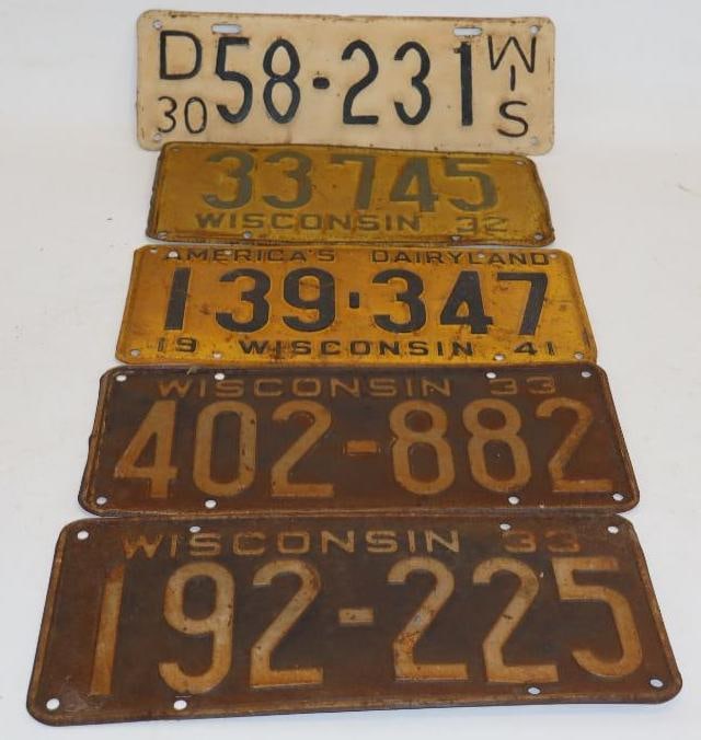 Group of 5 - 30's & 40's Wisconsin License Plates (1 of 5)