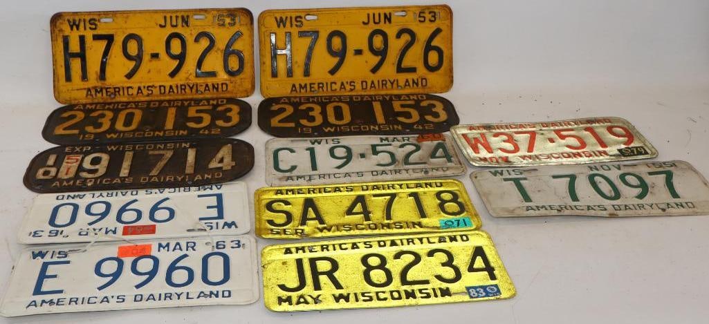 Group of 12 - 1940's through 80's Wisconsin Embossed License Plates (1 of 9)