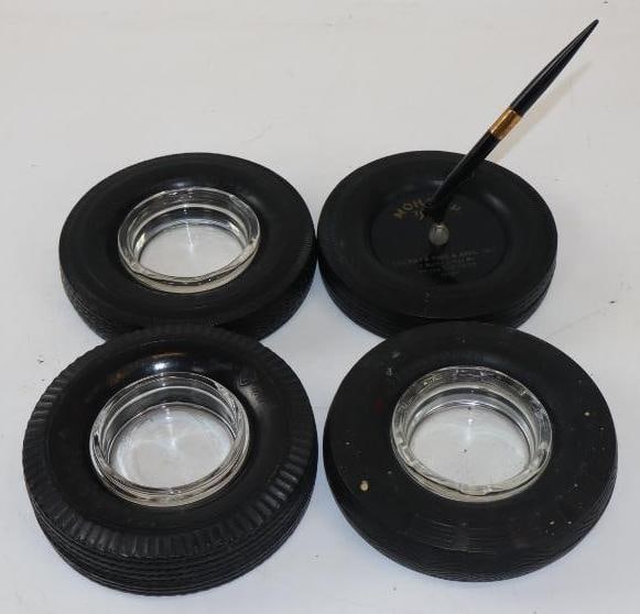 Group of 4 Goodrich, Firestone, & Mohawk Advertising Tire Ashtrays: Largest is 6" x 6" x 1.25"