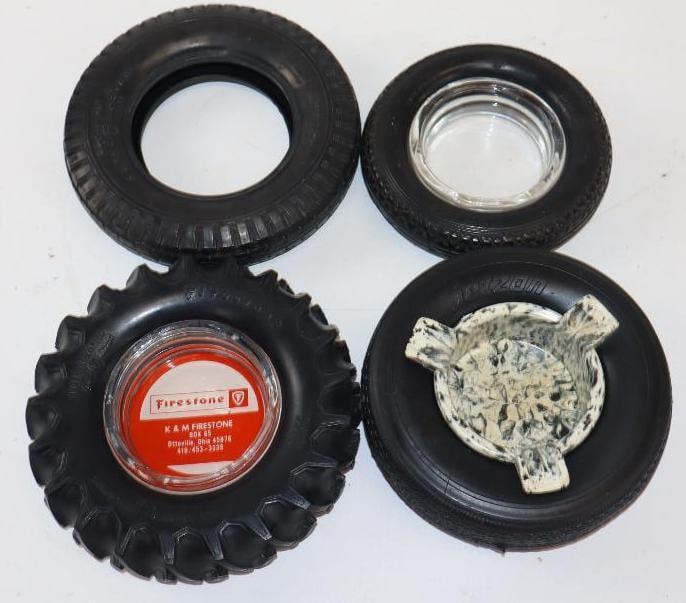 Group of 4 Firestone, Dominion, & Jetzon Advertising Tire Ashtrays: Largest is 6.5" x 6.5" x 1.25" Dominion is missing glass ashtray