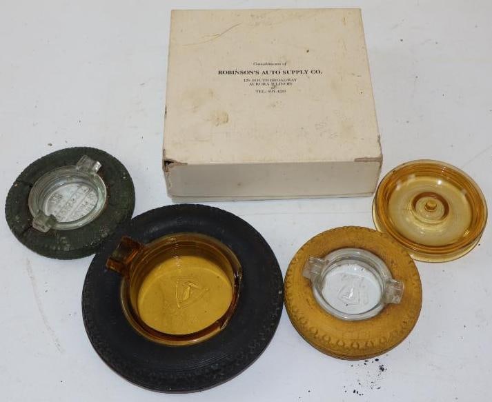 Group of 4 Firestone Advertising Ashtrays: Largest is 6" x 6" x 1.5" newest one has box, The Mark of Quality ashtray is broken, & Century of Progress tire has many cracks