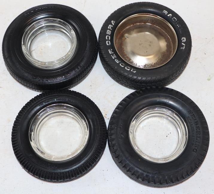 Group of 4 Seiberling, Mohawk, & Cooper Advertising Tire Ashtrays: Largest is 6" x 6" x 1.5"