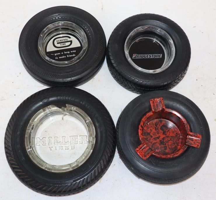 Group of 4 Bridgestone, General Tire, Saxon, & Miller Advertising Tire Ashtrays: Largest is 7" x 7" x 1.5" Miller tire ashtray has large chip and crack