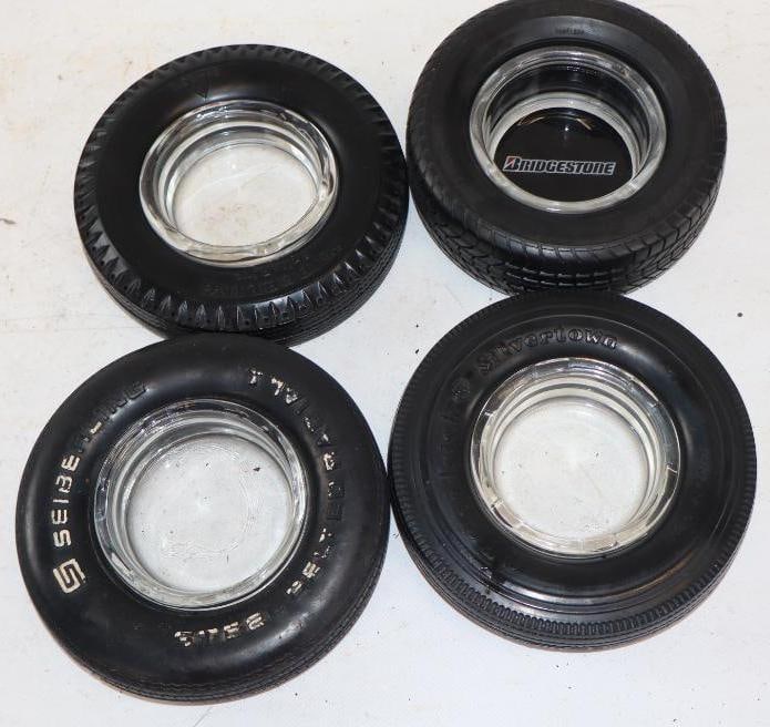 Group of 4 Silvertown, Seiberling, & Bridgestone Advertising Tire Ashtrays: Largest is 6" x 6" x 1.5"