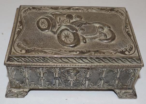 Ornate Jewelry Box With Embossed Early Car Scene: 4.25x3x1.75