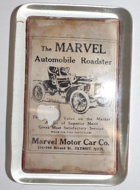 Marvel Motor Car CO. Detroit Michigan Advertising Glass Paper Weight: 2.75x4.25x3.25