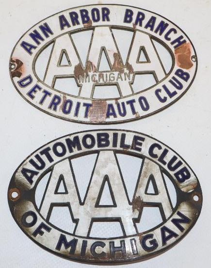 Group of 2 AAA Auto Club of Michigan & Ann Arbor Diecut Cloisonne Radiator Badges: 4.5" x 3"