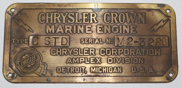 Brass Chrysler Crown Marine Engine Serial Data Tag (1 of 2)