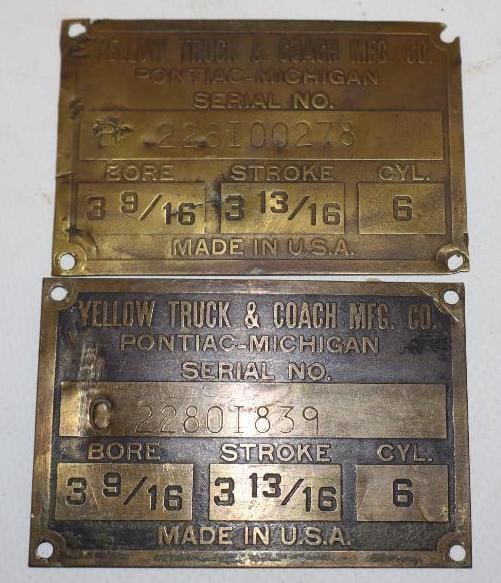 Group of 2 Yellow Truck & Coach Brass Serial Data Tags: 3" x 2" each