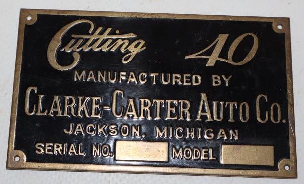 Clarke-Carter Auto Co. Cutting 40 Brass Serial Data Tag (1 of 2)