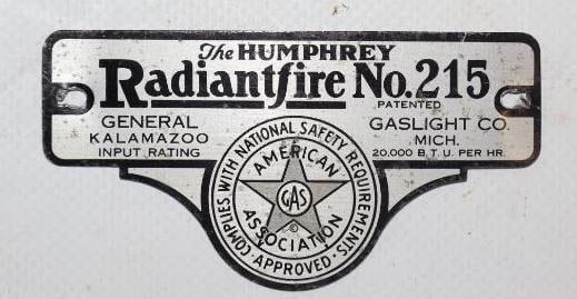 Humphrey Radiant Fire Serial Data Tag (1 of 2)