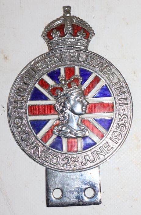 1953 Queen Elizabeth the 2nd Cloisonne License Plate Topper / Radiator Emblem: 3" x 5"