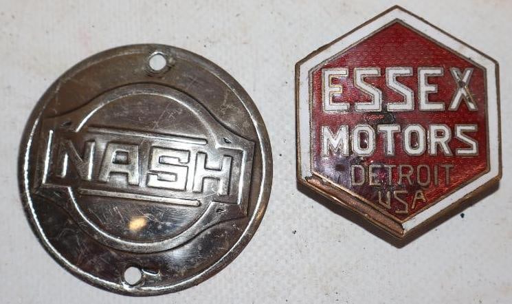 Group of 2 Essex Motors & Nash Cloisonne Radiator Emblem & Wheel Hub Emblem: Largest is 2.25" x 2.25"