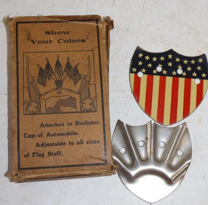 Show Your Colors' Radiator Flag Mounted Holder with Original Box: 5" x 3" missing screws, bracket, & flags