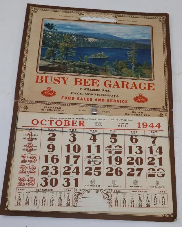 1944 Ford V8 Busy Bee Garage Advertising Calendar: 11" x 15"