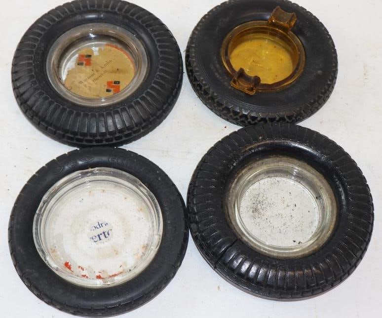 Group of 4 Seiberling, Goodrich, & Firestone Advertising Tire Ashtrays: Largest is 6.5" x 6.5" x 1.5"