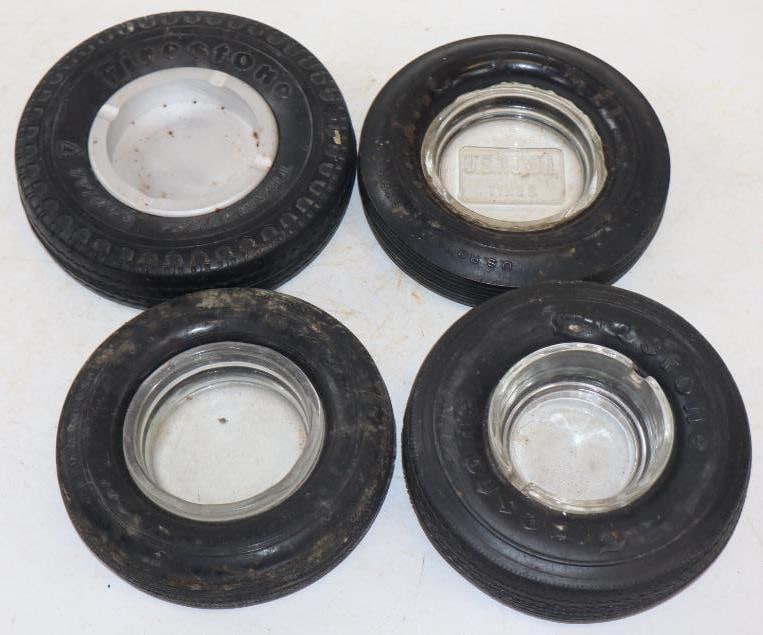 Group of 4 Firestone, Goodyear, & US Royal Advertising Tire Ashtrays: Largest is 6.5" x 6.5" x 1.5"