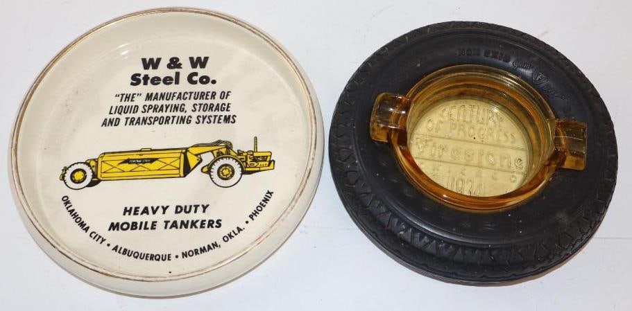 Group of 2 1934 Firestone Century Of Progress and W Steel Co Advertising Ash Trays: Largest is 6x6x1