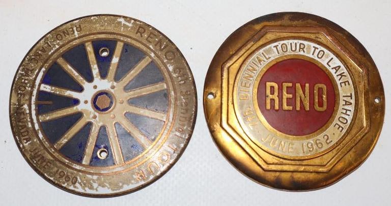 Group of 2 1960 and 1962 Reno To Lake Tahoe Biennial Tour Radiator Badges: 2.5x2.5 Each