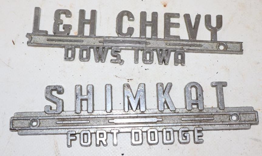 Group of 2 L & H Chevy, Shimkat Dodge Dealership Emblems: Largest is 6.5" x 1.5"