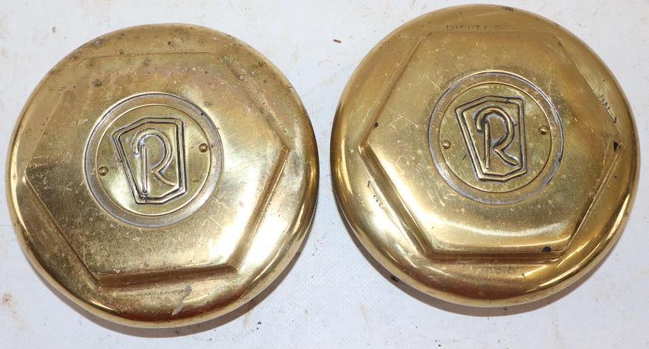 Group of 2 Roosevelt Brass Threaded Automobile Hubcaps (1 of 2)