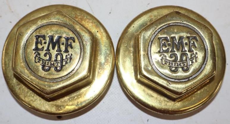 Group of 2 EMF 30/30 Threaded Automobile Hubcaps: Thread diameter 2.75" each