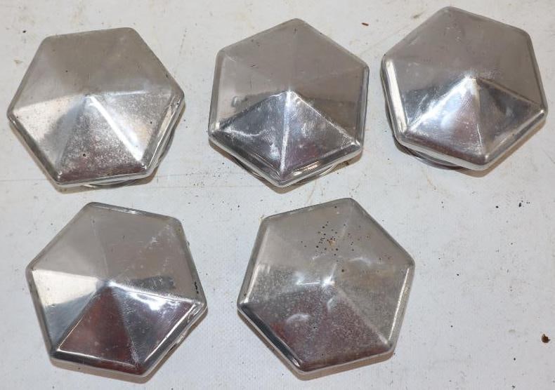 Group of 5 Hexagon Shaped Aluminum Threaded Automobile Hubcaps (1 of 2)