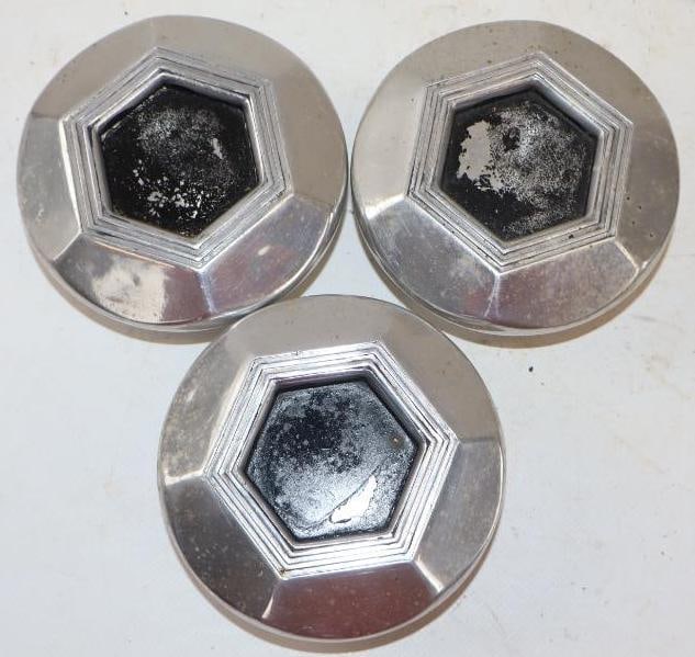 Group of 3 Threaded Automobile Hubcaps with Debossed Hexagon Shape (1 of 2)