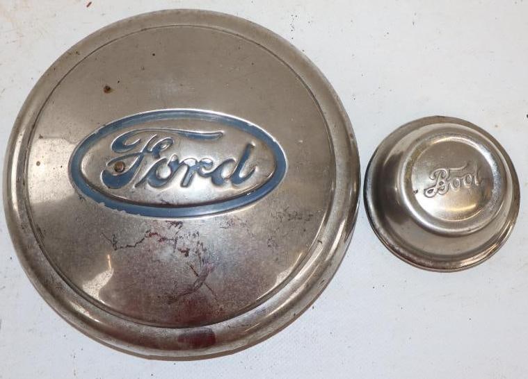 Group of 2 Different Ford Script Automobile Hubcaps: Largest is 6.75" x 6.75"