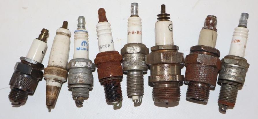 Group of 8 Mopar, John Deere, GMC, Jordan and Bethlehem Aviation Spark Plugs: Largest is 1.25x1.25x3