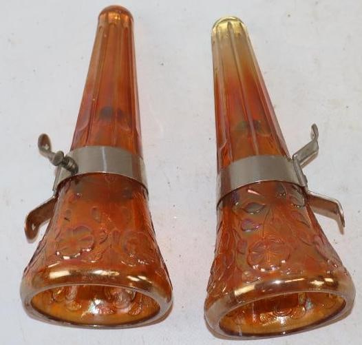 Pair of Ornate Iridescent Early Automobile Flower Vases with Mounted Brackets: 7" x 2.75" x 2.75" each