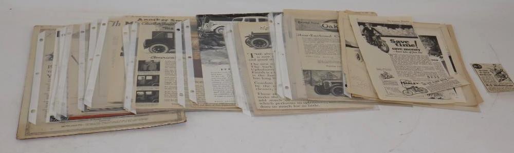 Large Group of Early Automobile & Motorcycle Magazine Advertisements: Largest is 13" x 11"
