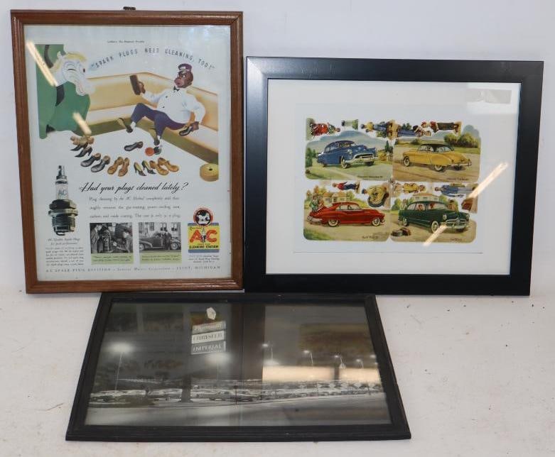 Group of 3 AC Spark Plug, Plymouth Chrysler & Other Framed Advertisements & Dealership Picture (1 of 5)