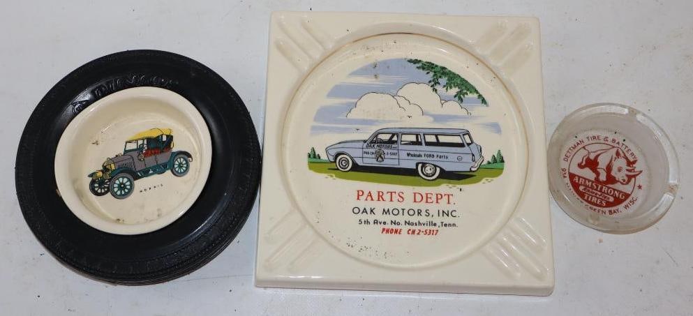 Group of 3 Dunlop, Armstrong, & Oak Motors Advertising Ashtrays: Largest is 7.5" x 7.5" x 1"