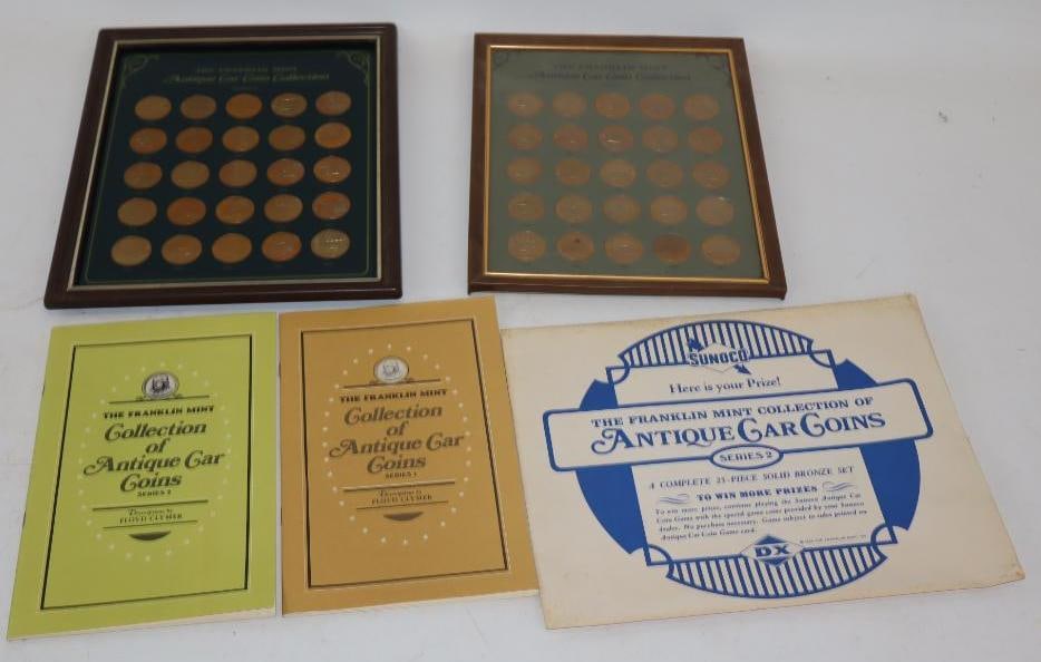 Group of 2 Franklin Mint Collection of Antique Car Coins Series 1 & 2 with Booklets: Largest is 9" x 11"