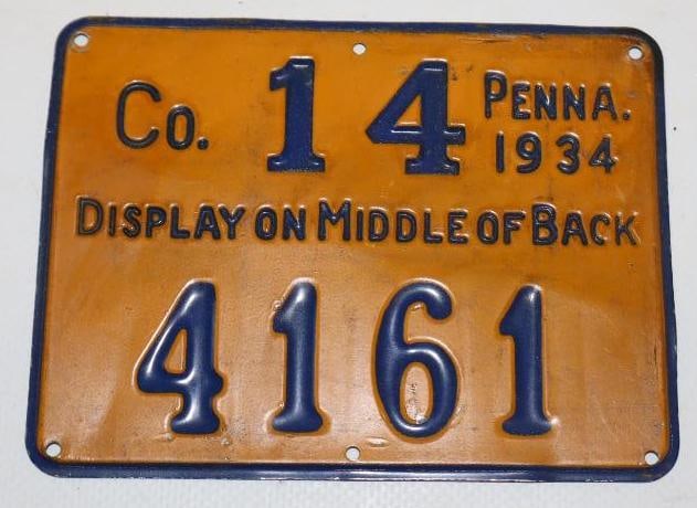 1934 Penna Resident Hunting License Tag: 4.5" x 3.25"