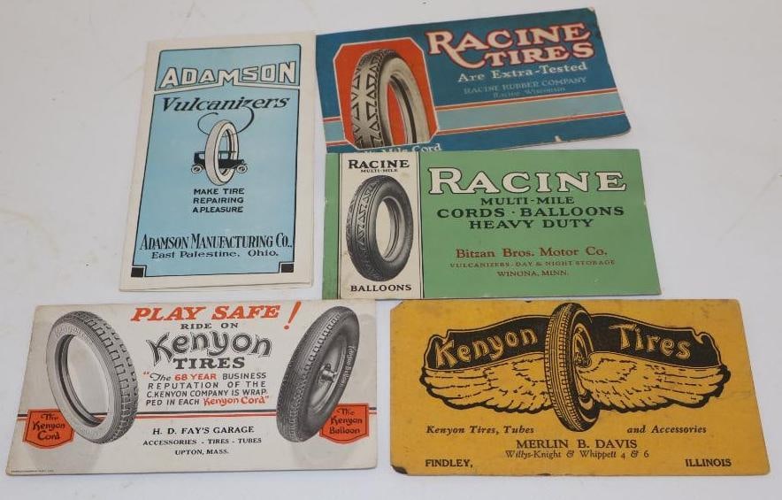 Group of 5 Racine, Kenyon, and Adamson Tires Advertising Ink Blotters and Booklet: Largest is 3.5" x 6.25"