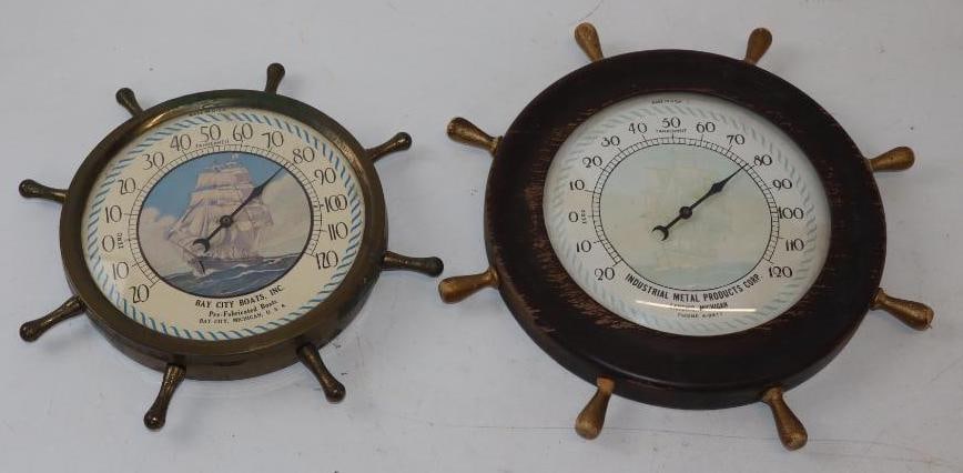 Group Of 2 Bay City Boats And Industrial Products Captains Wheel Shaped Advertising Thermometers (1 of 4)