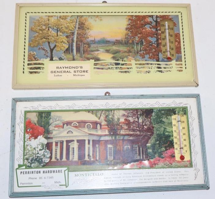 Group Of 2 Perrinton Hardware & Raymonds General Store Framed Advertising Thermometers: 8x 4 Each