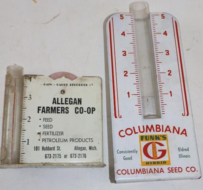 Group Of 2 Funk's & Allegan Farmers Co Op Advertising Rain Gauges: Largest Is 3.5x 8.25